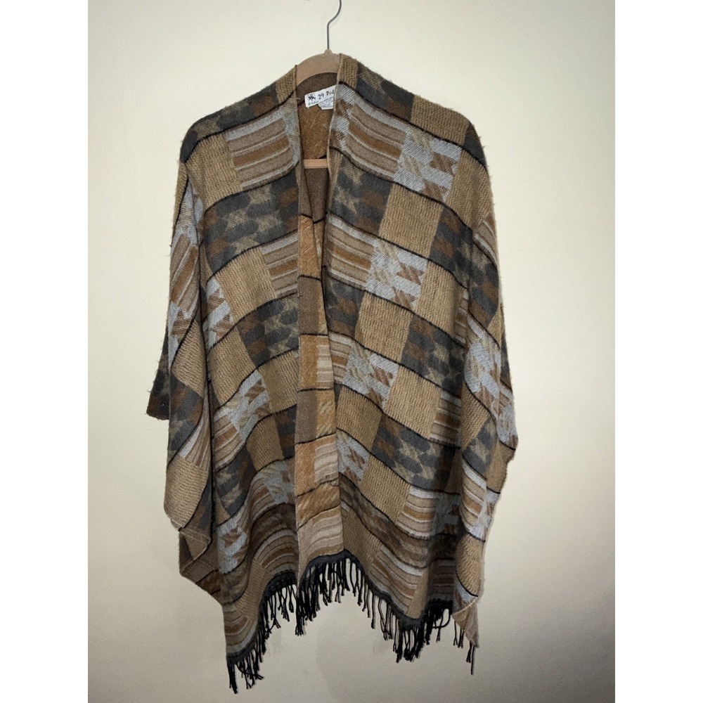 29 Palms Rustic Southwestern Woven Blanket Poncho Brown Geometric Fringe Boho OS